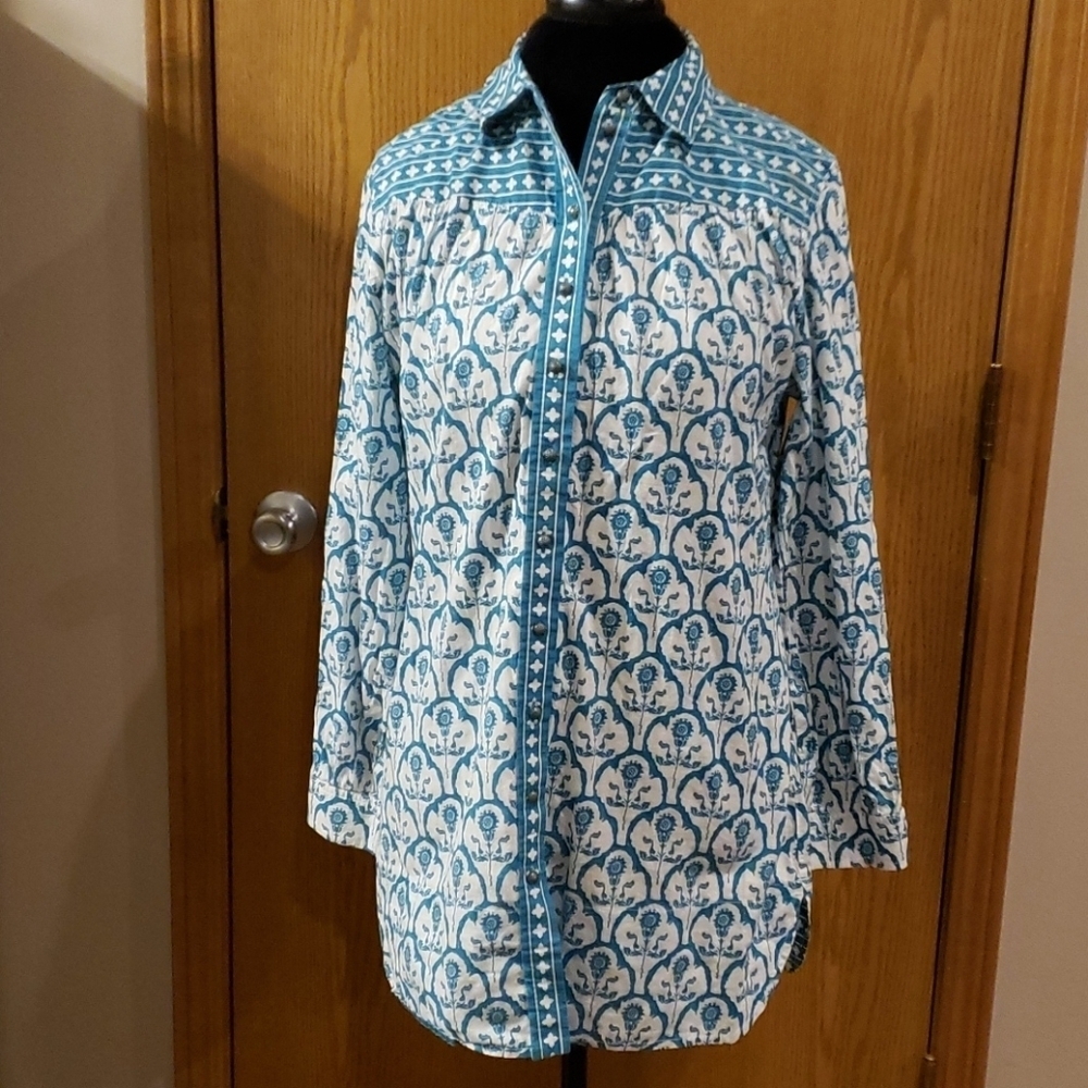 Soft surroundings long sleeve top turquoise white - Picture 2 of 6